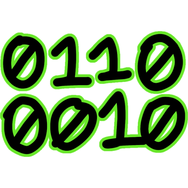 a series of 8 black numbers with bright green outlines divided into two sets of 4. the numbers are 0 1 1 0, 0 0 1 0, representing the letter B in binary code